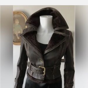 bebe Dark Brown Leather Jacket with Belted Waist